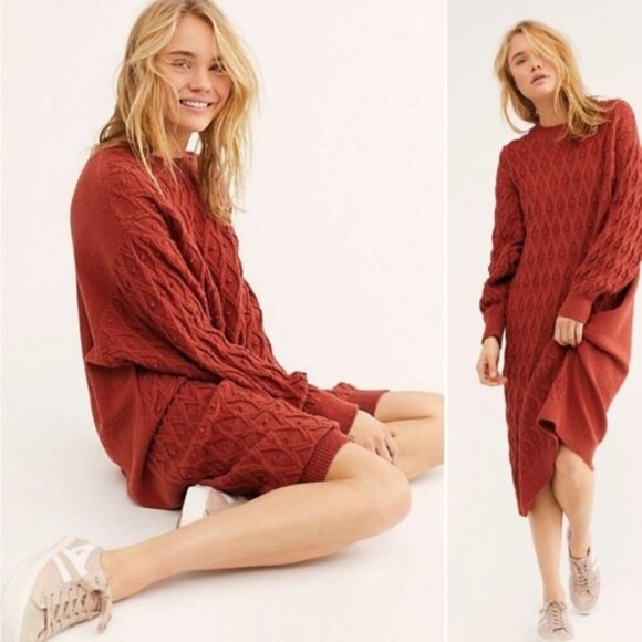 Free People Dresses & Skirts - Free People burnt Orange Nicole cable knit dot textured oversized sweater dress